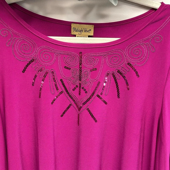 NWOT Midnight Velvet Fuchsia Sequin Embroidered Wide Bell Sleeve Blouse … - Picture 2 of 14